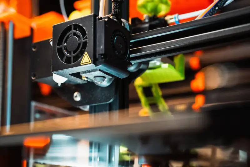 Print head of a 3D printer moving over a bright green printed part