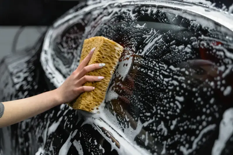 Hand scrubbing a car window with a sponge and foam