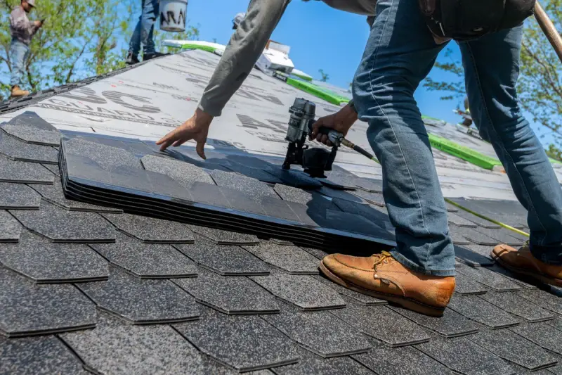 Roofer kneeling on a pitched roof fastening asphalt shingles with a nail gun
