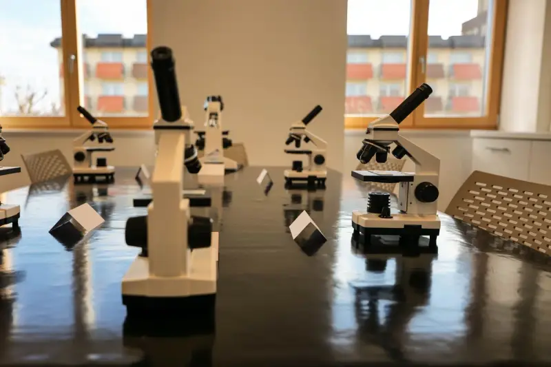 Microscopes set out on a glossy table in a sunlit laboratory