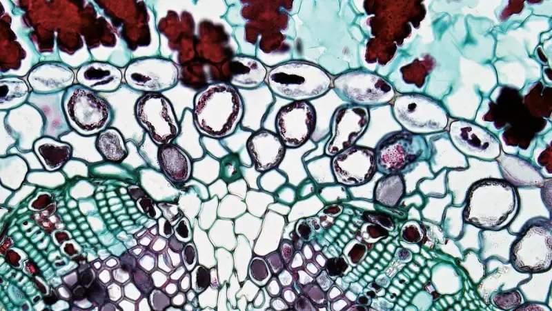 Stained plant tissue under a microscope showing colorful cell walls and structures