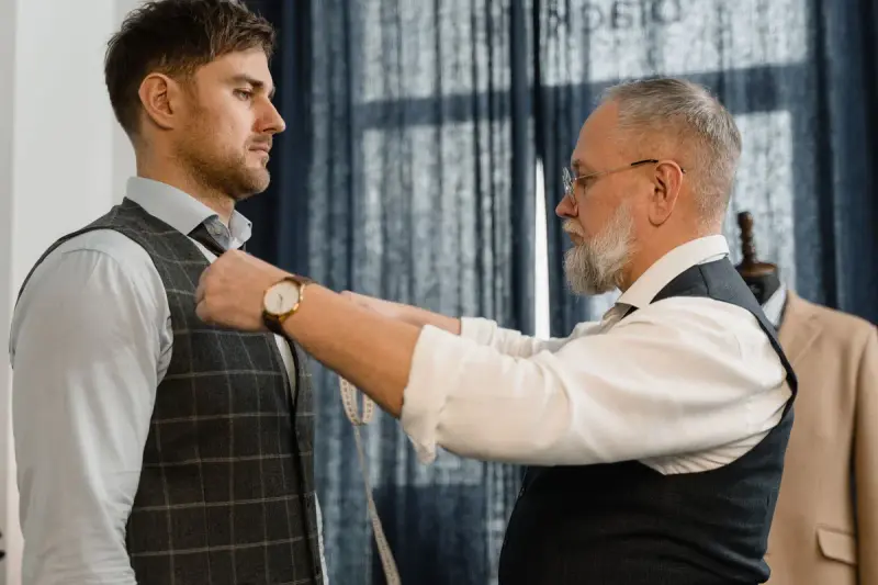 Gray-haired tailor measuring a young man in a check waistcoat in a menswear atelier