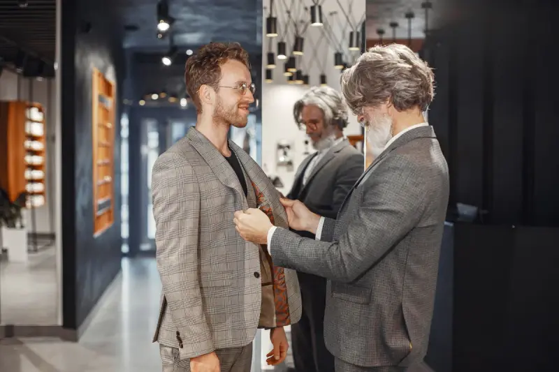 Silver-haired clothier buttoning a tweed jacket on a smiling client in a men's shop