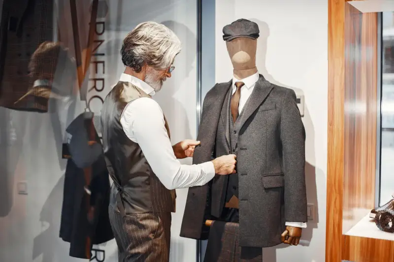 A man adjusts a tailored suit jacket on a mannequin in a formalwear store