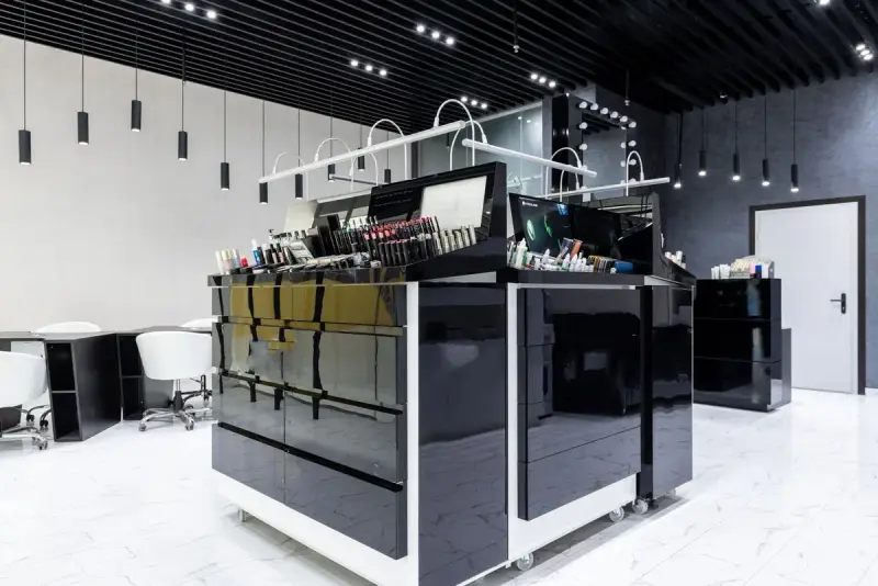 Makeup counter with black glossy cabinets, mirrors and bright lighting