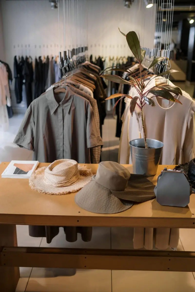 Boutique table with bucket hats, a small bag and folded shirts beside a plant