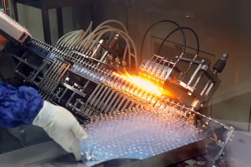 Glass ampoules moving through a filling and sealing machine on a production line