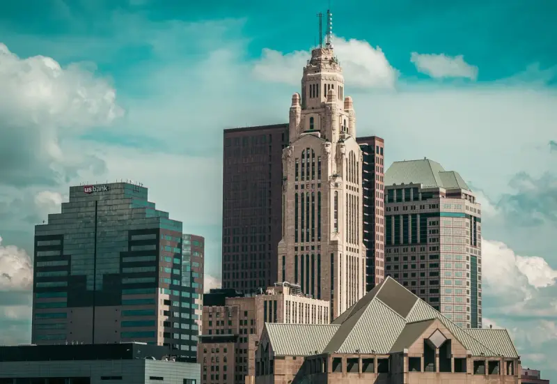Downtown Columbus, Ohio skyline with the LeVeque Tower under a cloudy sky