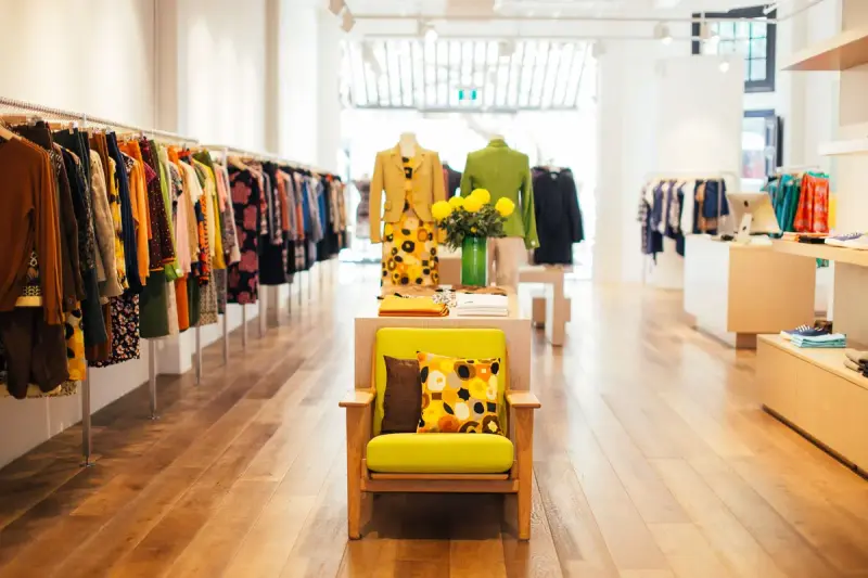 Long bright boutique with colorful women's clothing on racks, mannequins and a yellow armchair