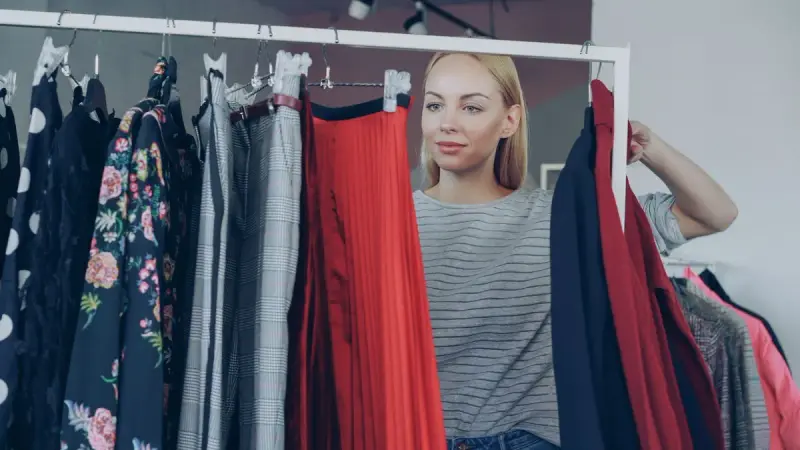 Woman browsing a rail of florals, stripes and red skirts in a clothing showroom