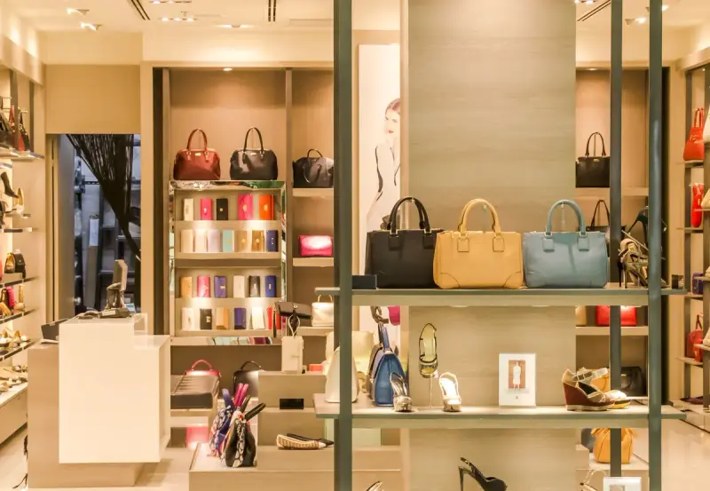 Boutique wall of handbags in tan, blue and black on lit glass shelves beside shoes