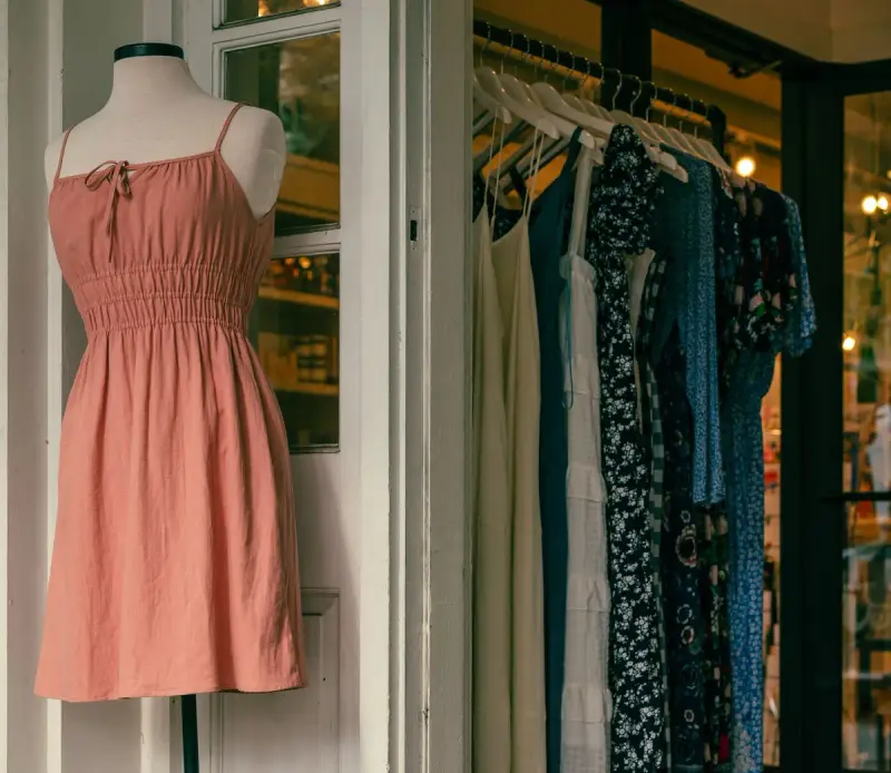 Coral sundress on a dress form at a boutique doorway beside a rack of printed dresses