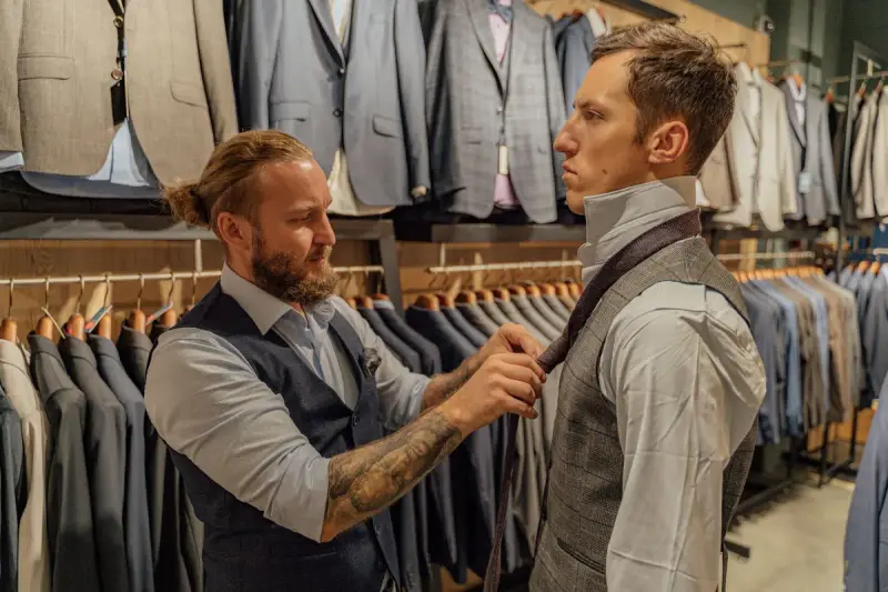 Bearded tailor adjusting a customer's necktie in front of racks of suits