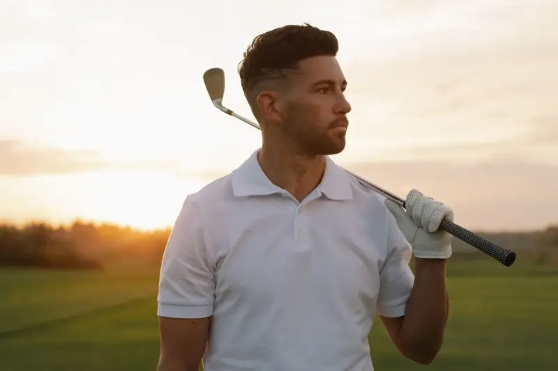 Golfer in a white polo shirt holding a club over his shoulder on a course at sunset