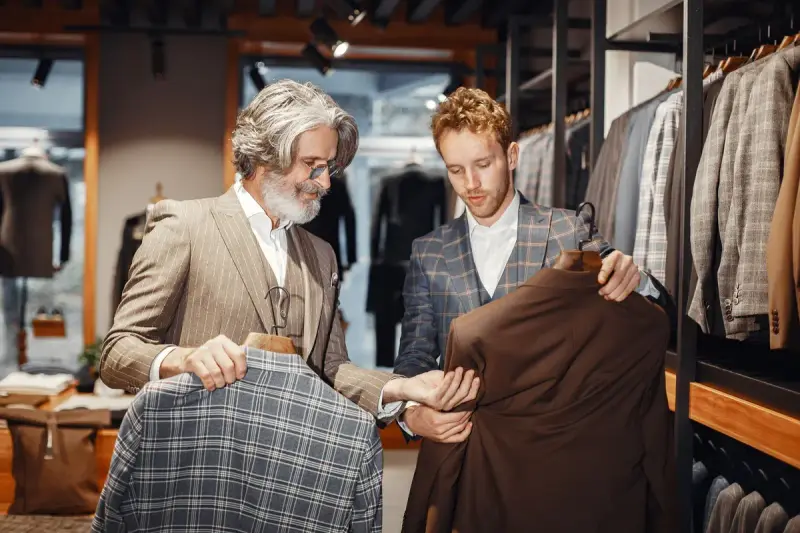 Older man in a tweed suit helping a younger man compare a plaid jacket in a menswear boutique