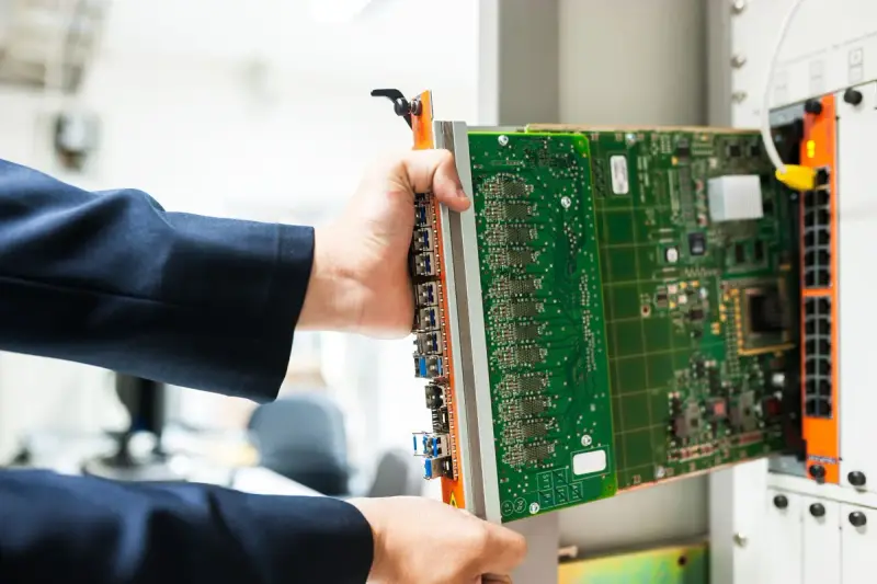 Technician's hands sliding a network line card into a switch chassis