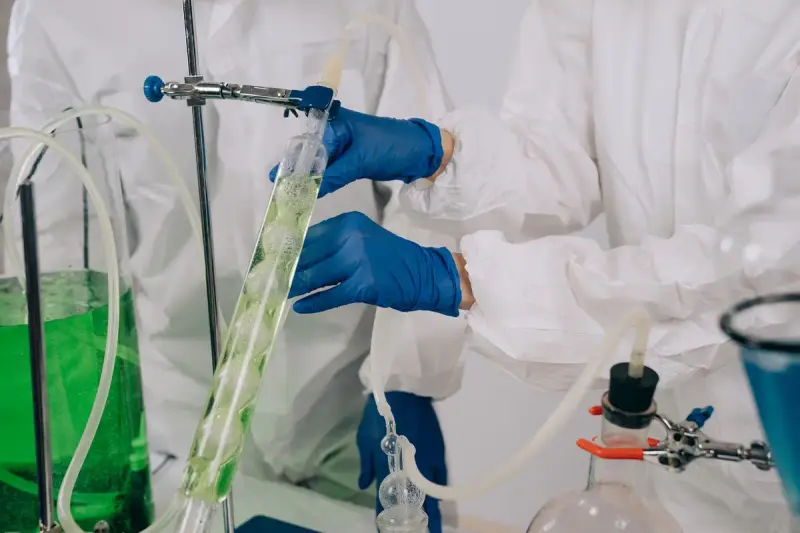 Gloved hands adjust a glass column of green liquid on a lab stand