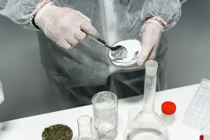 Gloved hands spooning a white powder sample in a lab beside glassware