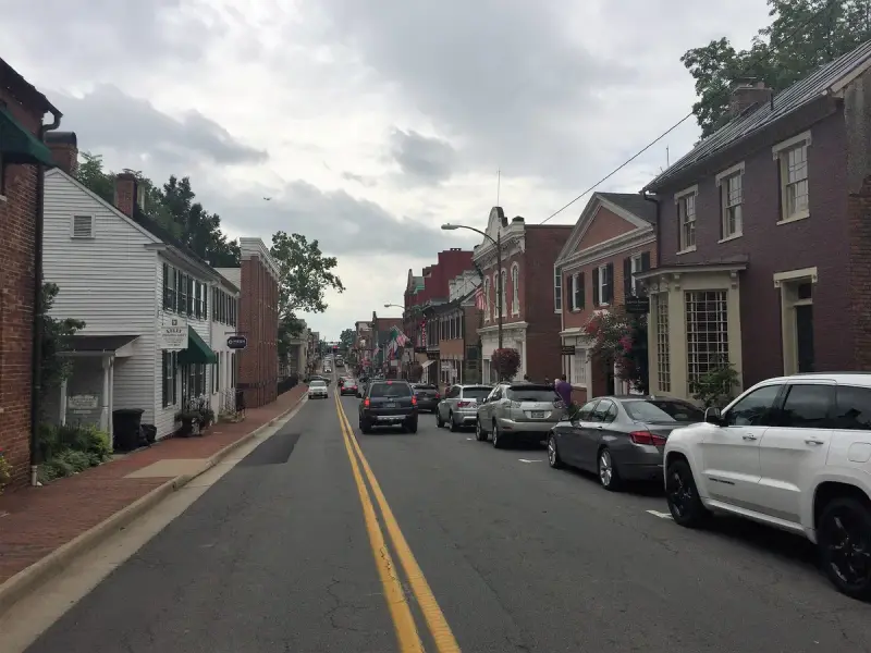 Brick townhouses lining North King Street in the historic district of Leesburg, Virginia