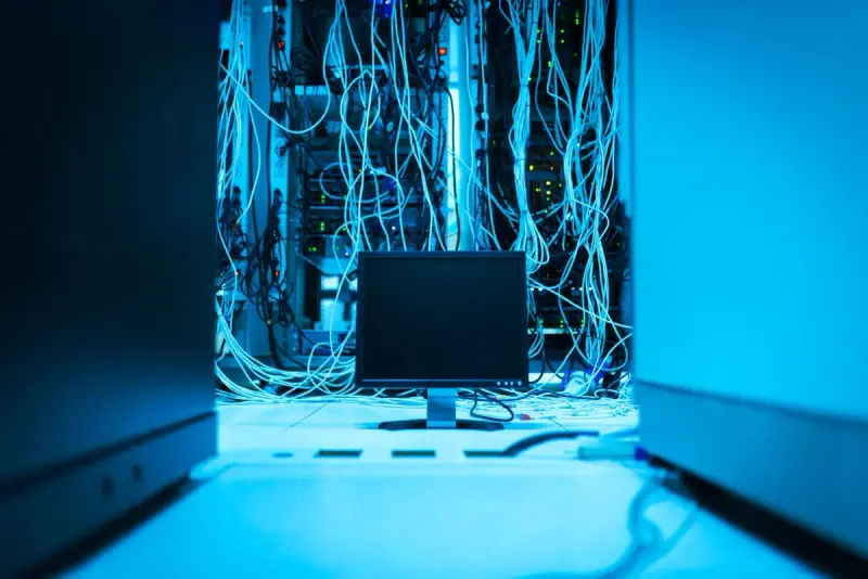 Monitor in front of a dense wall of network cables lit in blue