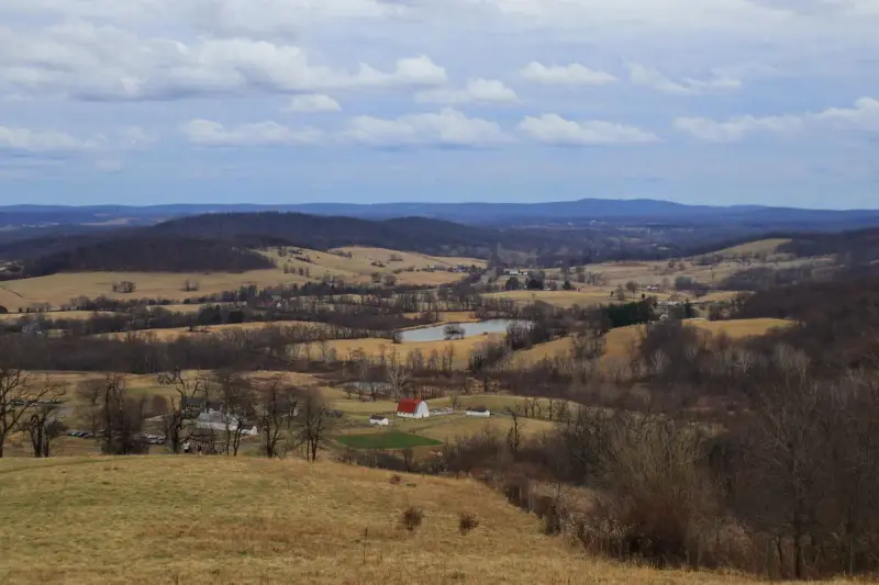 Rolling farmland and the Blue Ridge Mountains near Delaplane, Virginia