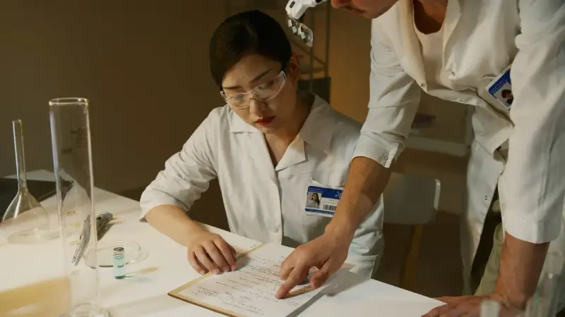 Researchers in lab coats reviewing experimental notes and documents together