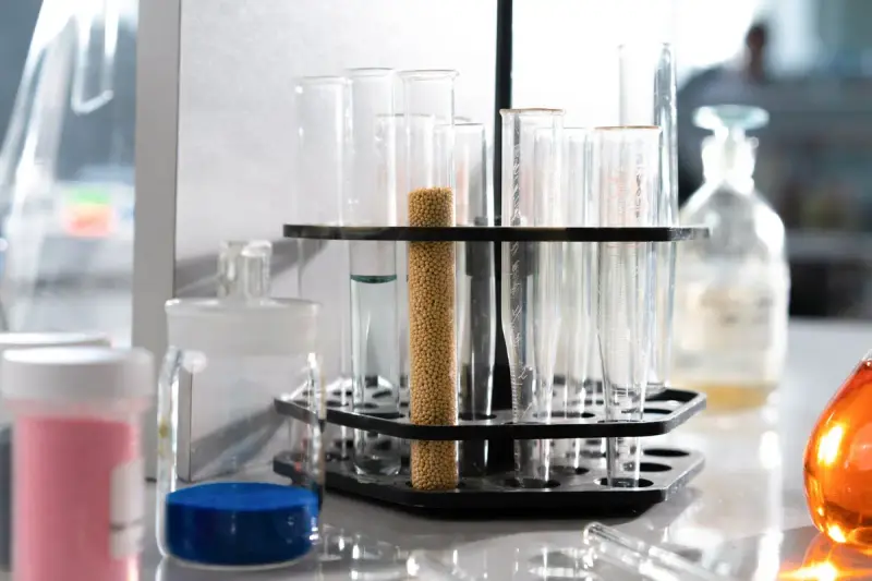 Graduated cylinders and test tubes in a black rack beside a blue-capped bottle