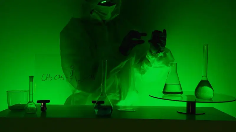 Two chemists in white protective suits and goggles comparing a flask of green liquid