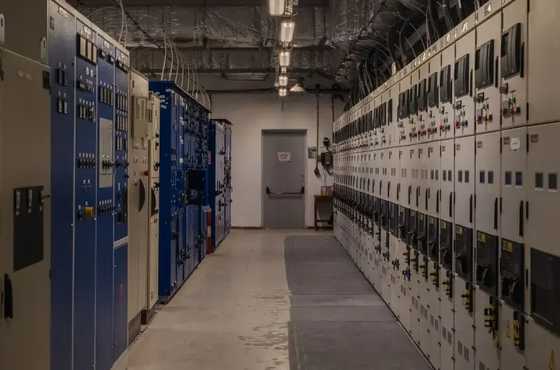 Industrial control room lined with electrical panels and monitoring screens