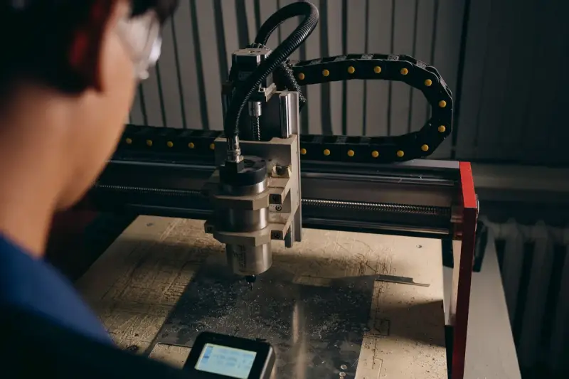 Technician in safety glasses watching a small CNC router cut a sheet