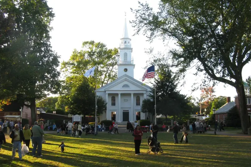 Storrowton village green with historic buildings on the Eastern States Exposition grounds