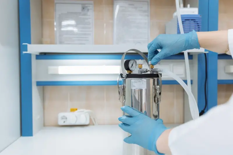 Gloved hands connecting tubing to a stainless steel pressure vessel in a lab