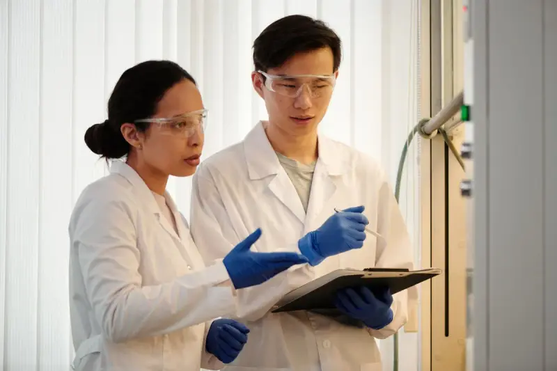 Two chemists in safety glasses and lab coats reviewing notes on a clipboard