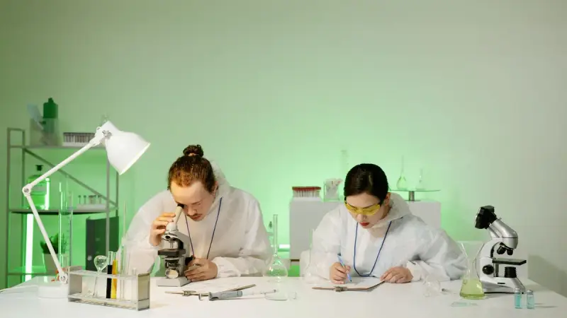 Two researchers working side by side at microscopes with notebooks