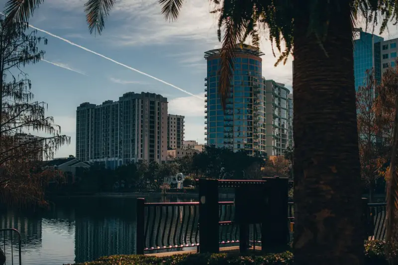 Orlando skyline reflected in a calm lake