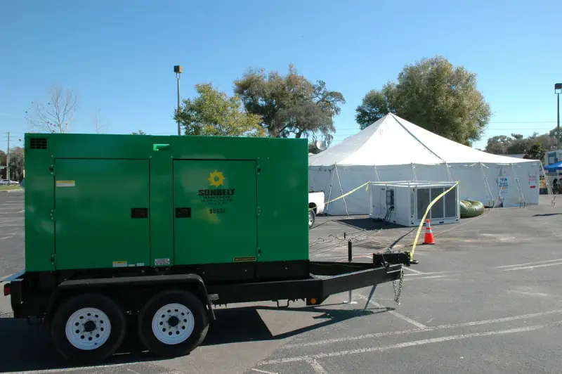 Mobile generators and ventilation units powering a disaster recovery center in Florida