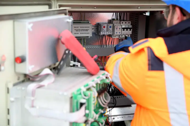 Engineer inspecting an industrial power electronics circuit board