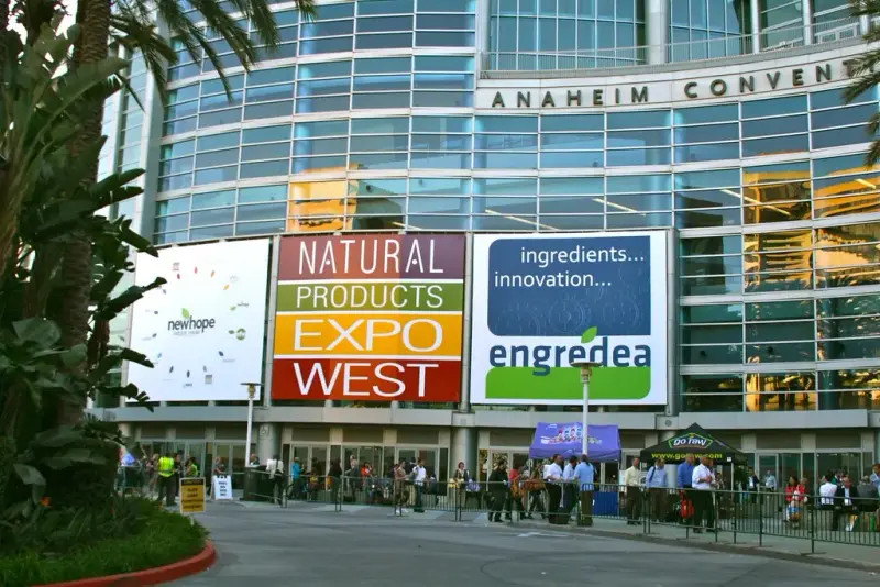 Natural Products Expo West and Engredea banners on the Anaheim Convention Center facade
