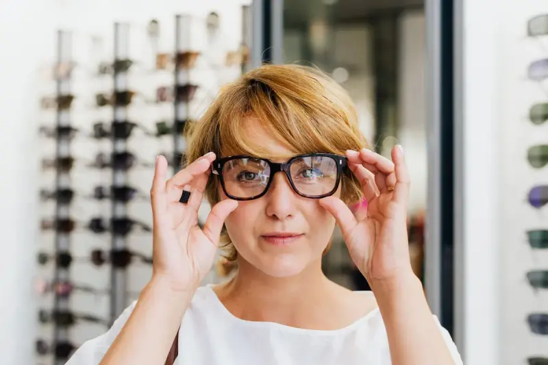 Young woman trying on eyeglasses in an optical store