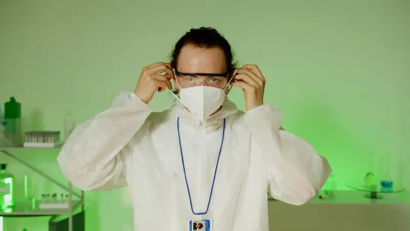 Scientist in a lab coat and face mask working under green laboratory light