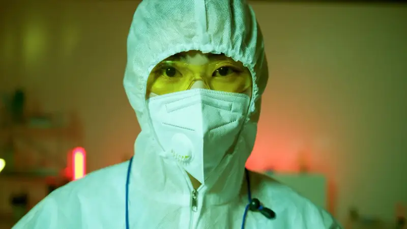 Researcher in a lab coat, mask and protective glasses at work in a laboratory