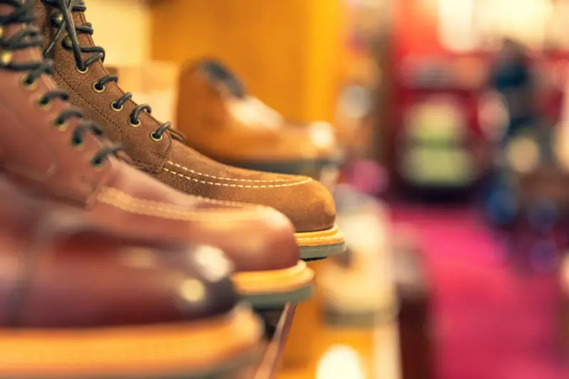 Brown leather lace-up boots on a shelf in a warm-lit store