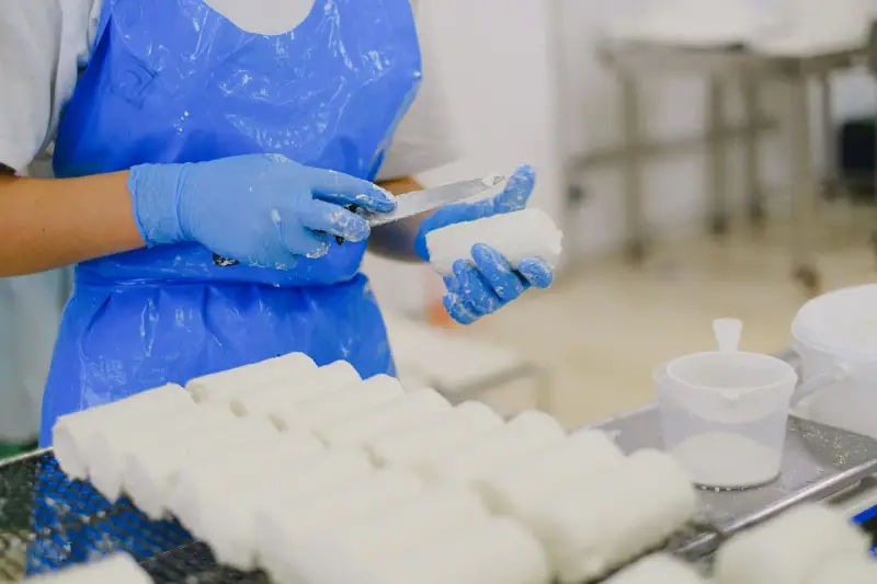 Woman in a hygienic uniform and gloves processing cheese in a dairy plant