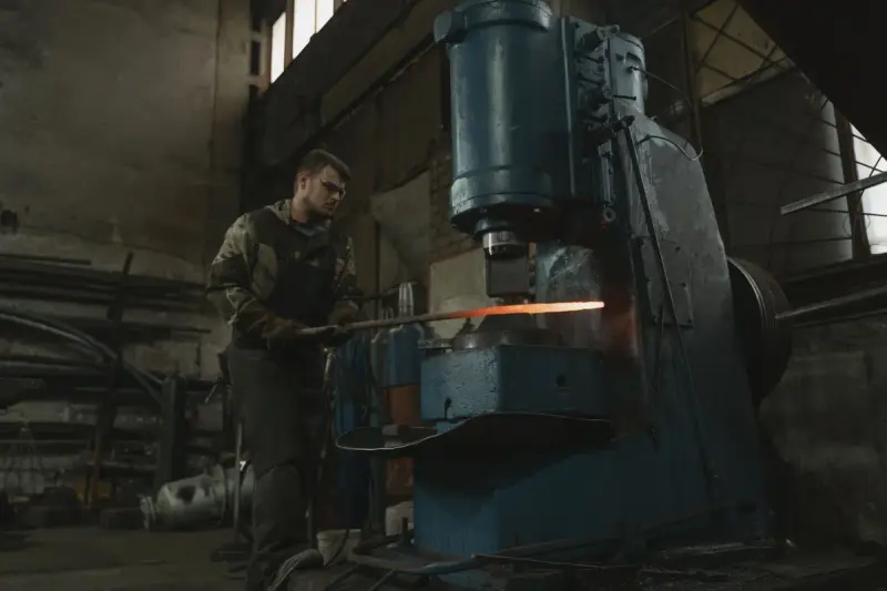 Forger feeding a hot steel bar into a blue pneumatic power hammer