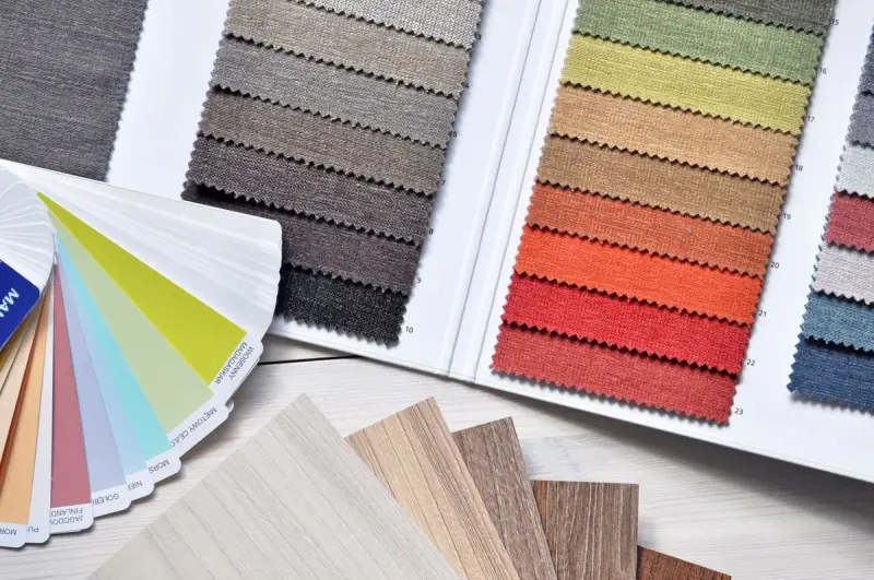 Fabric and color swatches spread out for material selection