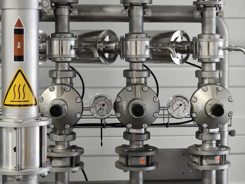 Stainless steel gas piping with three pressure gauges and valves