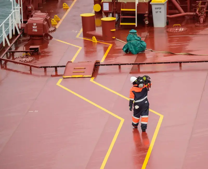 Worker in safety gear walking across the red deck of a tanker at sea
