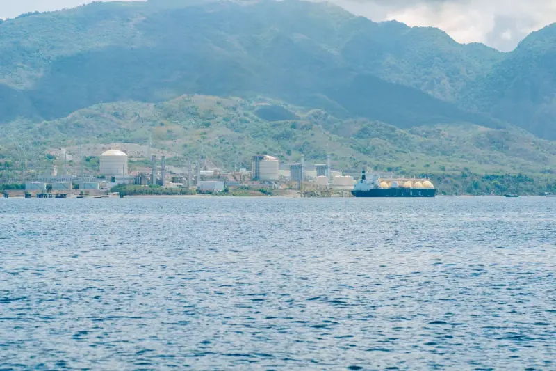 LNG import terminal with storage tanks on a green coastline, a gas carrier moored offshore