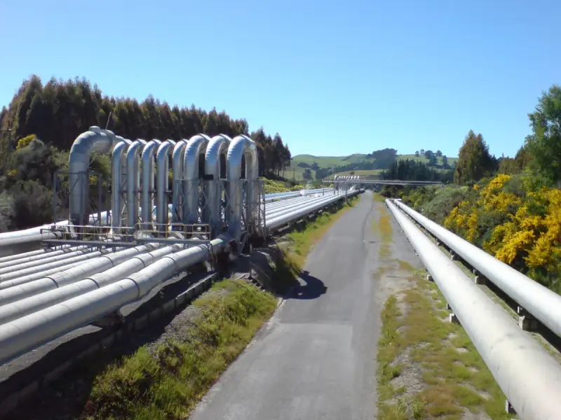 Silver steam pipelines with expansion loops leading from a steamfield to a power plant