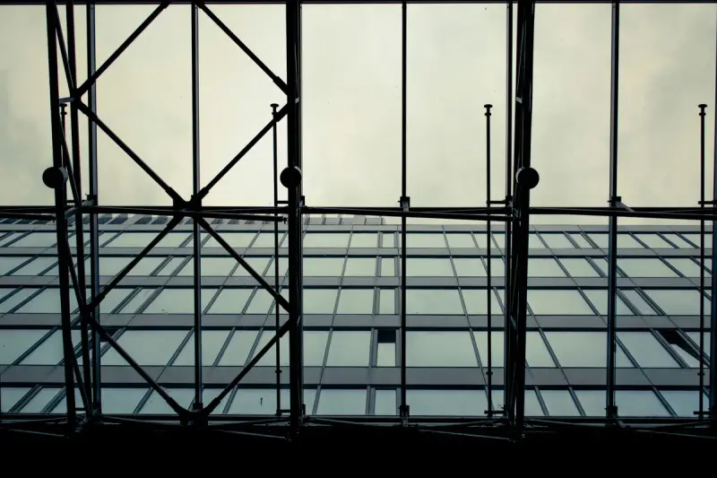 Steel mullions and diagonal bracing behind a large glass wall, seen against a pale sky